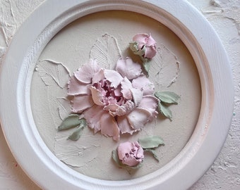 Arte de yeso 3D original de peonía, arte de pared de flores 3D, pintura de esculturas, flores de cumpleaños 3D, pintura de flores de yeso, arte de pared floral 3D