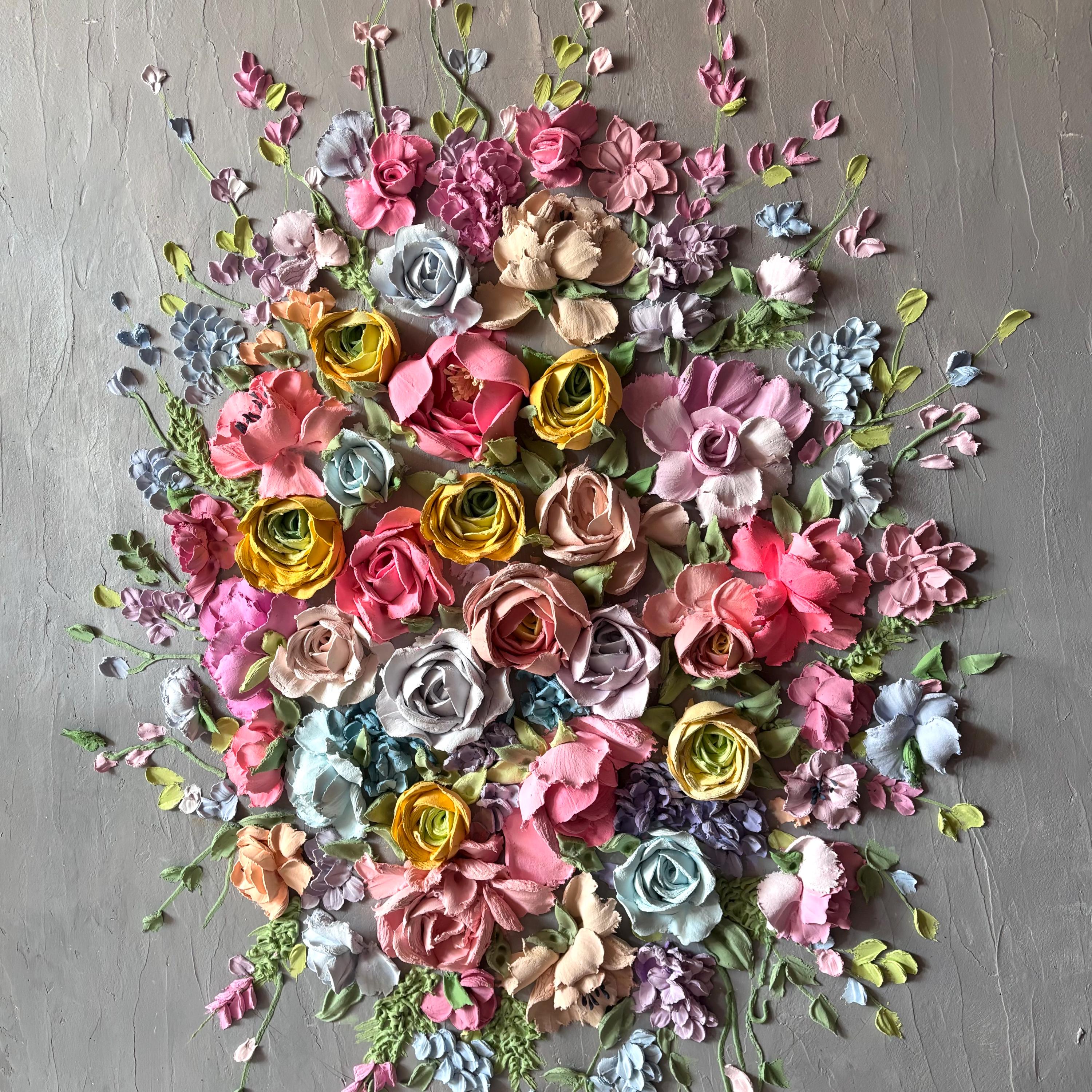 3D Floral Wall Art Sculpted Flower Bouquet on Textured Gray Background Large 3d painting
