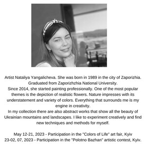 May include: Black and white portrait of artist Nataliya Yangalicheva, wearing a headband. Text below details her education, career, and artistic themes, including realistic flowers and Ukrainian landscapes. Mentions art fair and contest dates.