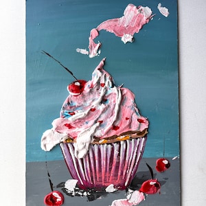 Peinture de cerise empâtement peinture Cupcake Sculpture Peinture 3d Peinture alimentaire délicieuse peinture Dessert peinture Cuisine Peinture