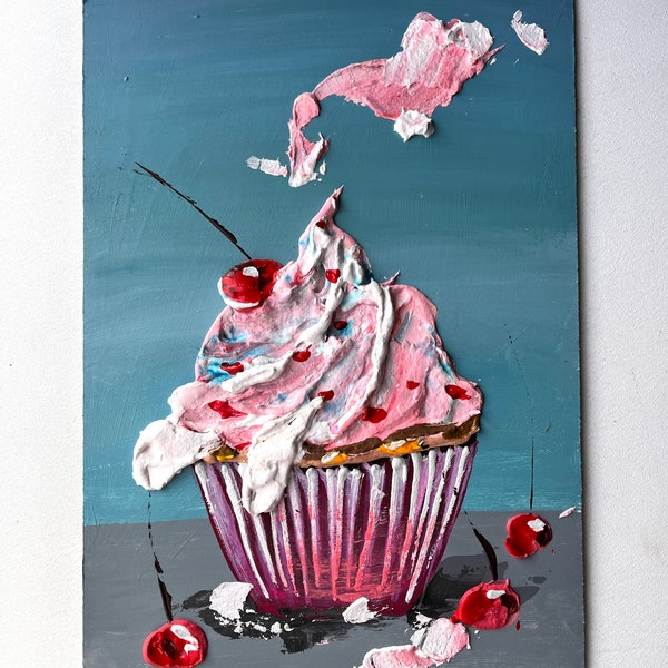 Peinture de cerise empâtement peinture Cupcake Sculpture Peinture 3d Peinture alimentaire délicieuse peinture Dessert peinture Cuisine Peinture