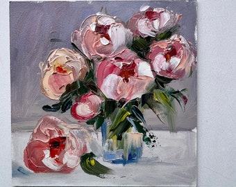 Pink Flowers Painting Original Flowers Art Peony Painting Flowers in Vase Art textured wall art impasto oil painting