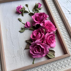 Sculptural Painting of Spray Roses 3D Floral Artwork in Frame Handmade Miniature Textured Wall Decor