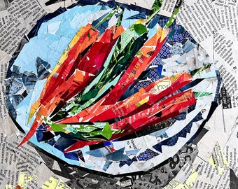 Chili pepper painting newspaper art Original Kitchen collage Original food painting