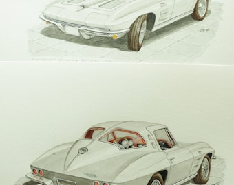 Lot de deux aquarelles, Chevrolet Corvette (1963), avant et arrière