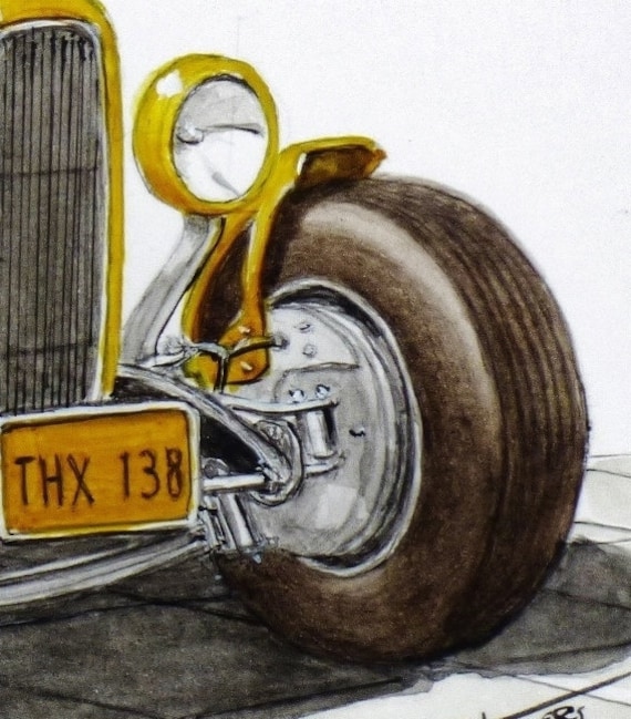 フォード V8 1932 デュース クーペ、紙にオリジナルの水彩画、映画