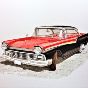 Ford Fairlane (1957) Original painting watercolor on paper, classic car