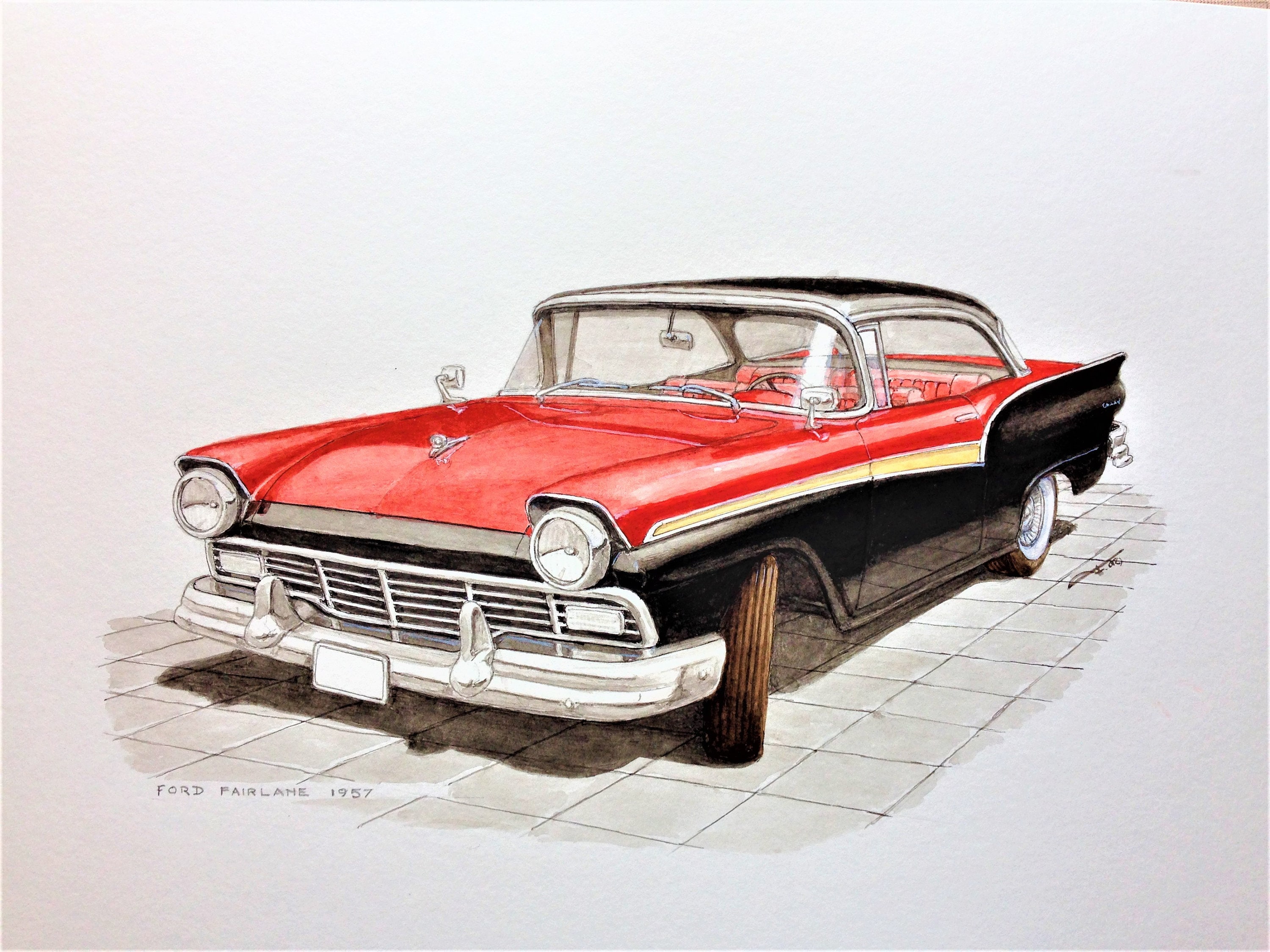 Ford Fairlane (1957) Original painting watercolor on paper, classic car