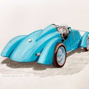 DELAGE D6 - 3 liters (1939), rear view. Original watercolor on paper