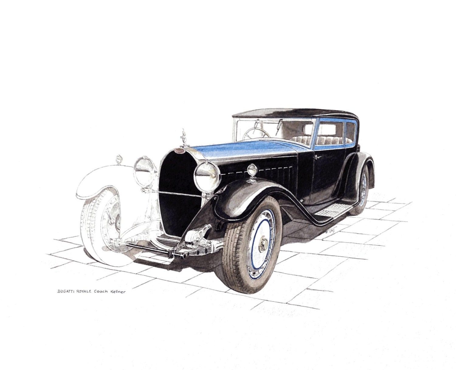 Original BUGATTI ROYALE Coach Kellner Aquarell Automobil Kunst Gemälde altes Auto