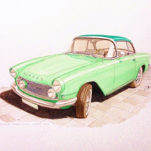 Può includere: Un'auto Simca Aronde coupé verde degli anni '50 con tetto bianco e dettagli cromati. L'auto è parcheggiata su una superficie piastrellata.