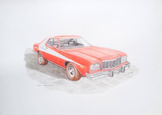 フォード グラン トリノ 1975 紙にオリジナルの水彩画、スタースキーと
