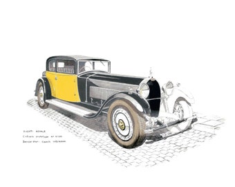 BUGATTI Royale type 41100 old car original watercolour painting on paper