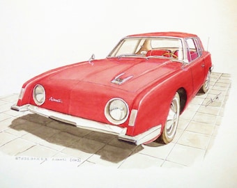Studebaker Avanti (1963) Original watercolor painting on paper, classic car