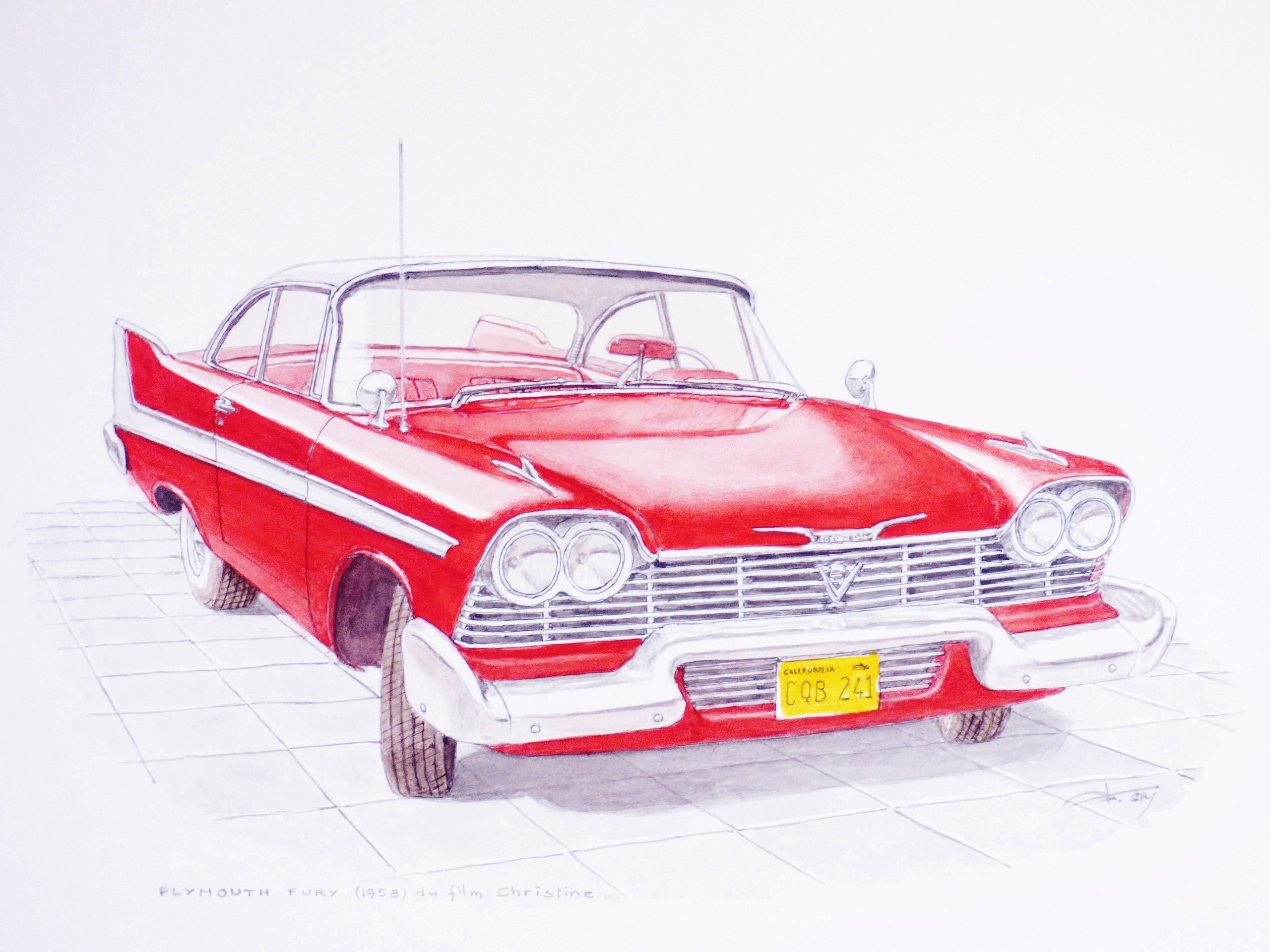 プリマス フューリー (1958) 紙にオリジナルの水彩画、映画