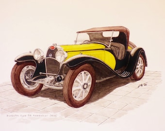 BUGATTI Typ 55 Roadster (1932), gelb und schwarz, Original-Aquarell auf Papier