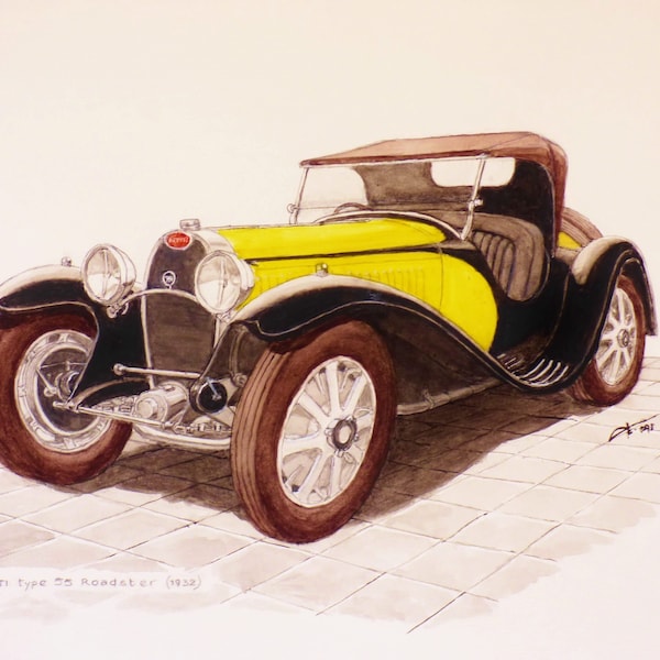 BUGATTI type 55 Roadster (1932) yellow and black, original watercolor on paper