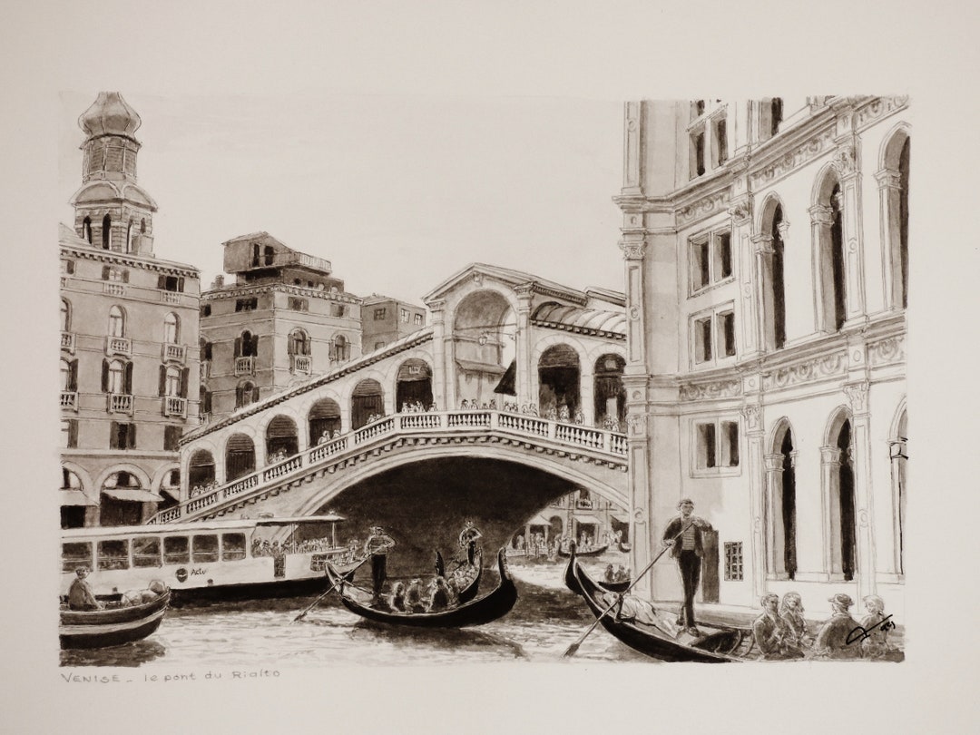 ヴェネツィア - リアルト橋、歴史的建造物、紙に墨で描いた原画 - Etsy