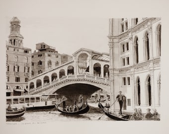 ヴェネツィア - リアルト橋、歴史的建造物、紙に墨で描いた原画 - Etsy