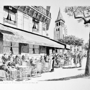 Paris vintage original drawing Paris street scene - St Germain - chinese ink on paper