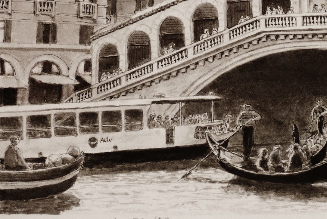 ヴェネツィア - リアルト橋、歴史的建造物、紙に墨で描いた原画 - Etsy