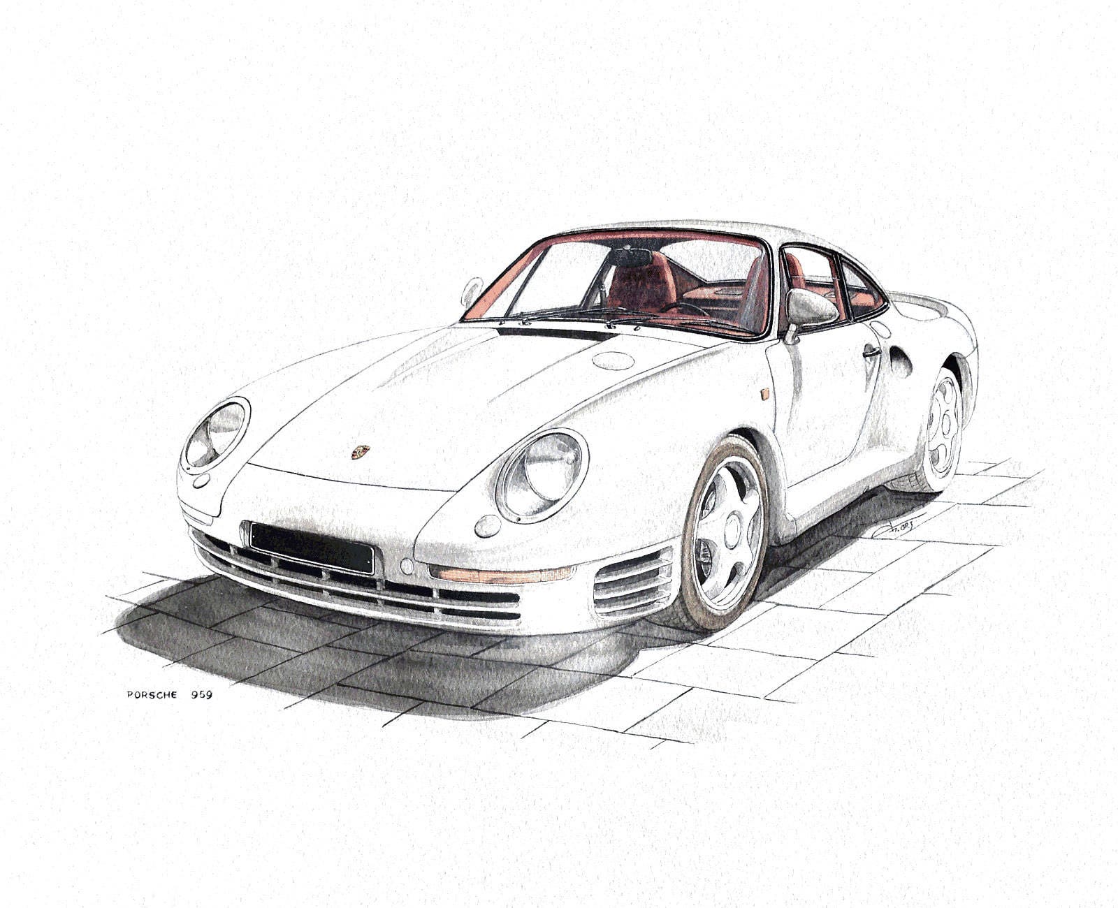 マレーシア購入品　手書きの絵画 Porsche 959 Original Watercolour Painting on Paper. Fancy Car