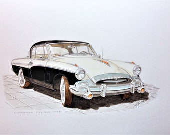 Studebaker Président (1955), voiture ancienne, peinture aquarelle originale sur papier