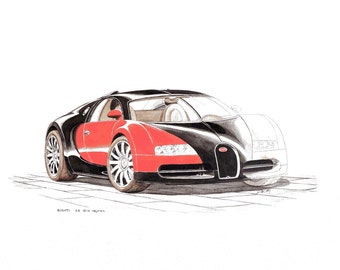 Classic car BUGATTI Veyron original painting watercolour on paper