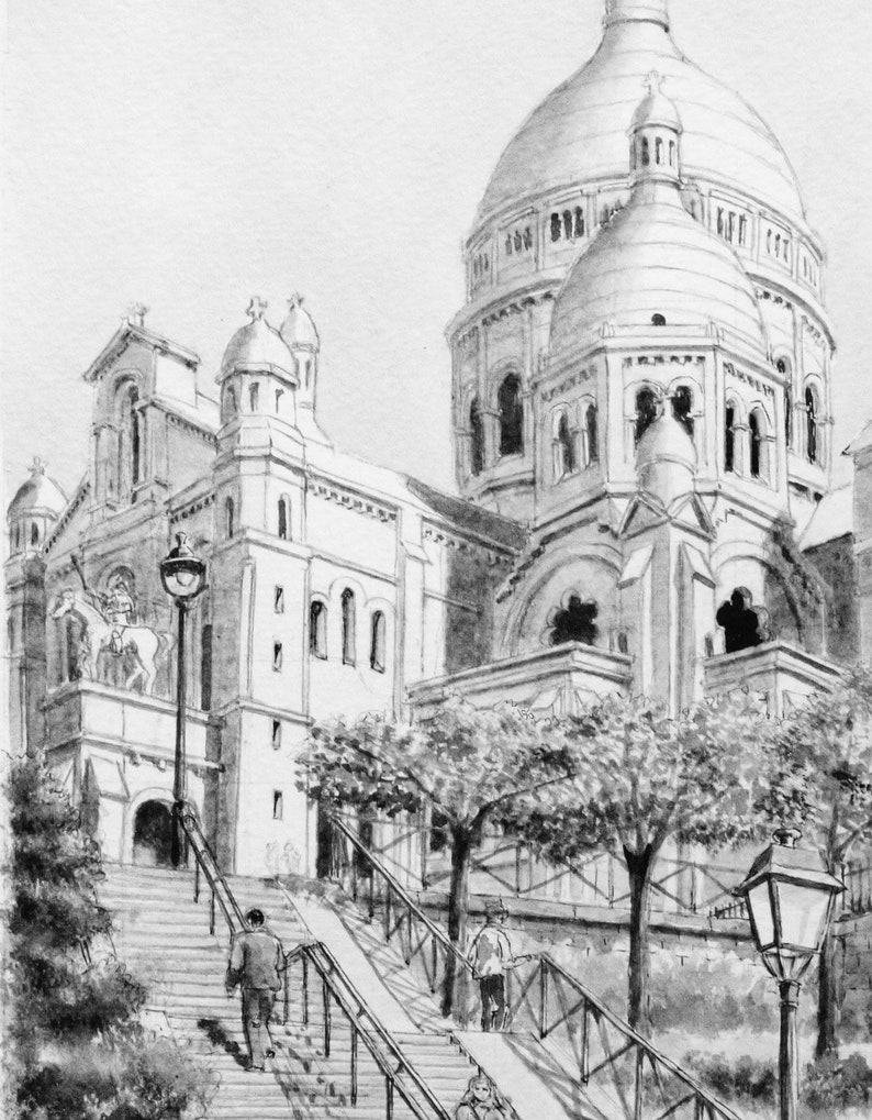 Paris Drawing Le Sacré Coeur Paris Monuments Original Drawing Etsy