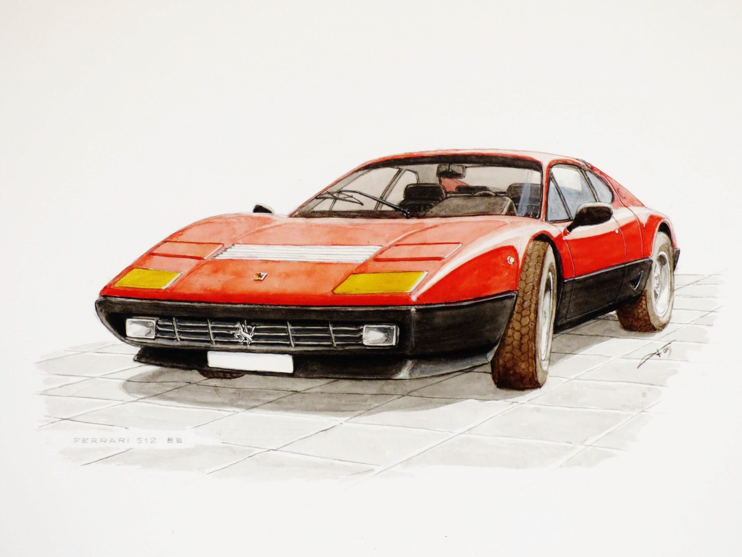 フェラーリ 512 BB、紙にオリジナルの水彩画、コレクターズカー - Etsy