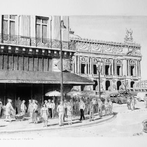 París del dibujo original de la época - Café de la Paix y Opera - Tinta de China sobre papel, calles de París