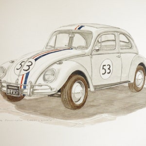 Volkswagen Beetle, acquerello originale su carta, mitica auto dal film "L'amore di maggiolino" del 1968