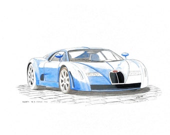 original watercolour painting BUGATTI Chiron prototype classic car