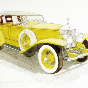 Rolls Royce Phantom, watercolor on paper, mythical car from the movie &quot; Gatsby &quot;