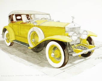 Rolls Royce Phantom, watercolor on paper, mythical car from the movie &quot; Gatsby &quot;