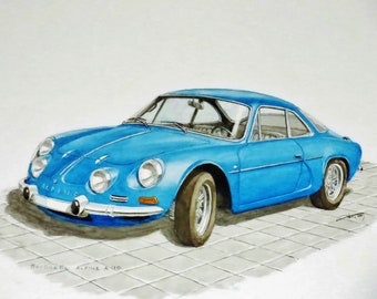 Berlinette Alpine A 110  Renault, original watercolour painting classic car