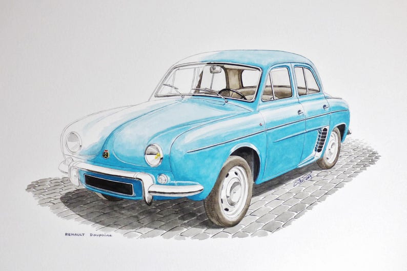 Original painting Renault Dauphine Classic car watercolour | Etsy