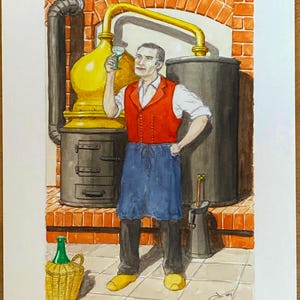 Il distillatore, folklore alsaziano. Acquerello originale su carta