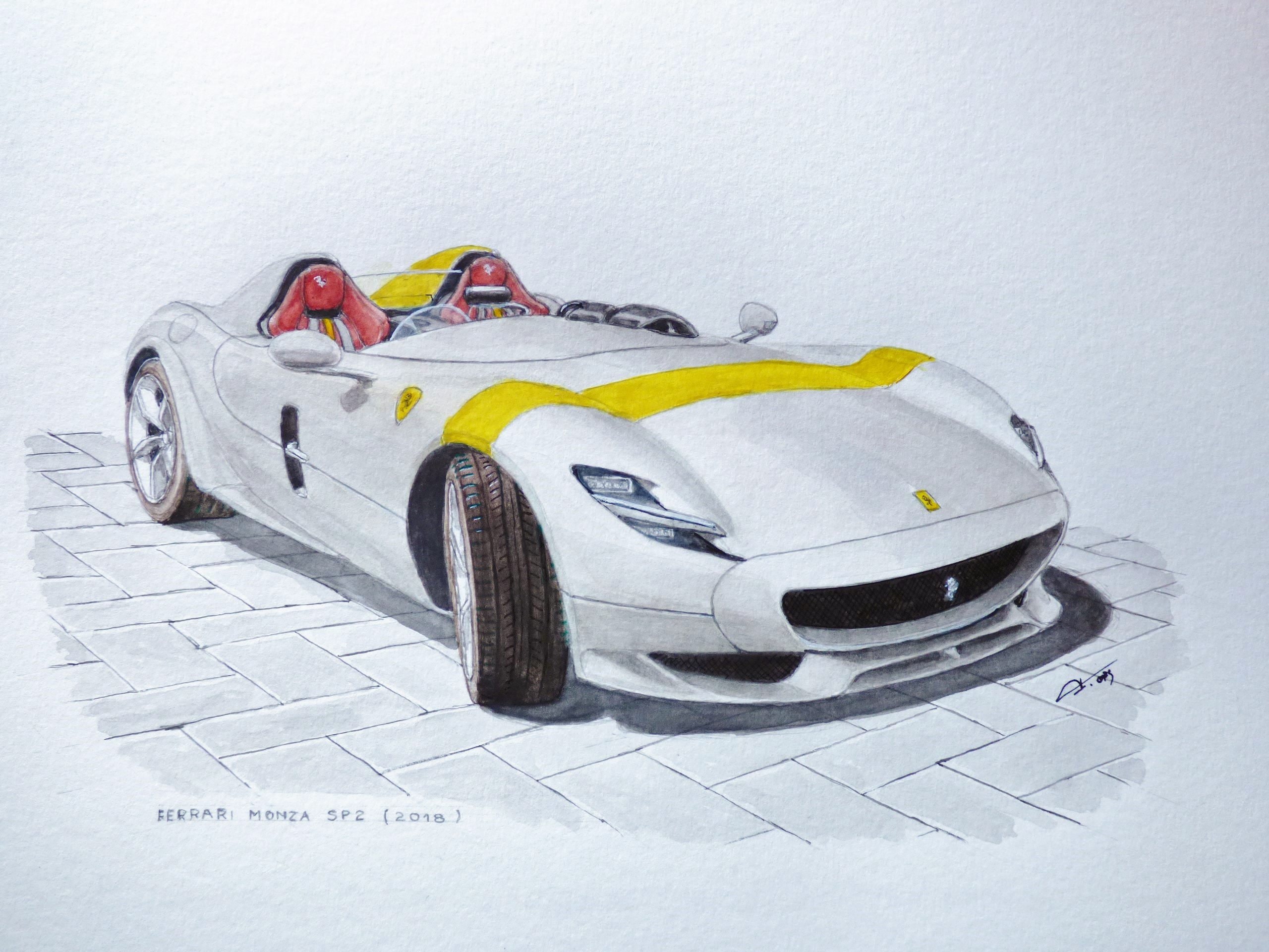 FERRARI Monza SP2 (2018), Original Watercolor on Paper, Sports and