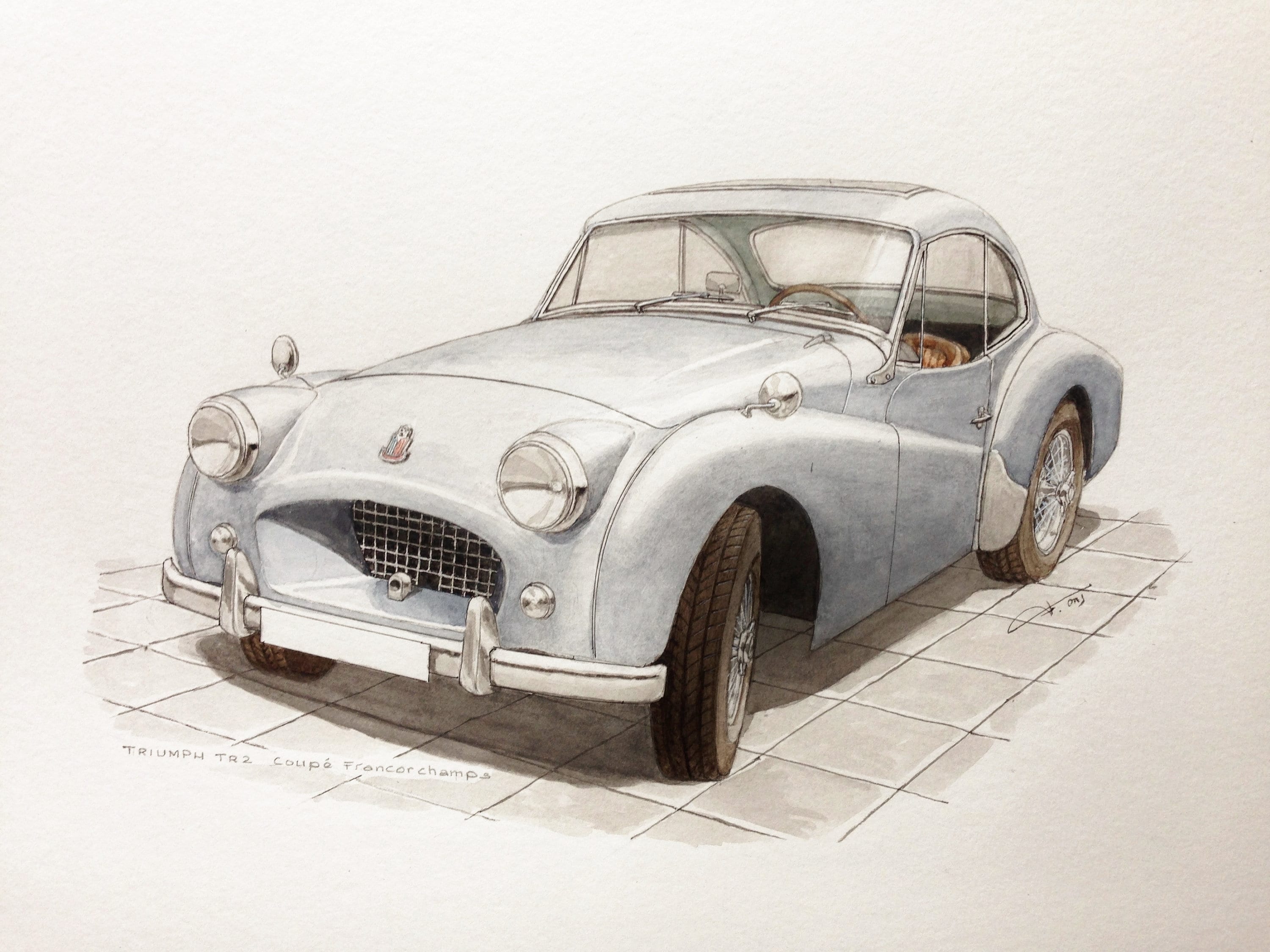 Triumph TR2, coupé Francorchamps (1955), original watercolor on paper