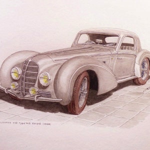 Delahaye v12 type 145 coupé (1938), original watercolor on paper