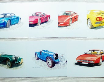 Set of 7 prints sport cars paintings