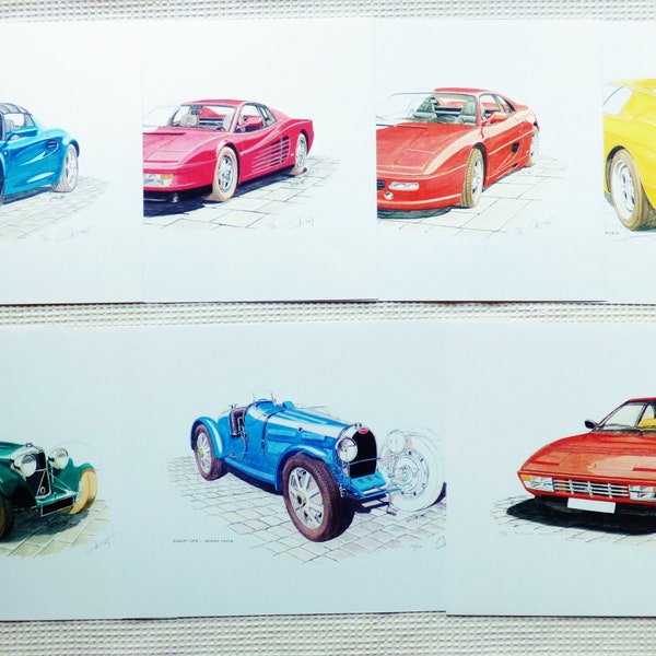 Lot de 7 impressions voitures de sport sur papier