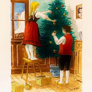 Natale in Alsazia (l'albero), folklore alsaziano, acquerello originale su carta