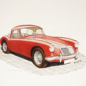 Oryginalna akwarela MG A 1600 Coupé (1961), zabytkowy samochód na papierze