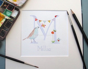 Pretty kids keepsake names hand painted in watercolour, Custom bird name art for nursery wall, Childrens bedroom decor, Baby Gift.