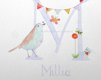 Mooie kinderherinneringsnamen met de hand geschilderd in aquarel, aangepaste vogelnaamkunst voor kinderkamermuur, kinderslaapkamerdecor, babycadeau.