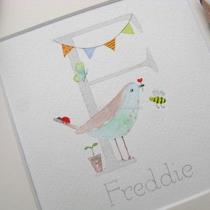 Pretty kids keepsake names hand painted in watercolour, Custom bird name art for nursery wall, Childrens bedroom decor, Baby Gift. image 8