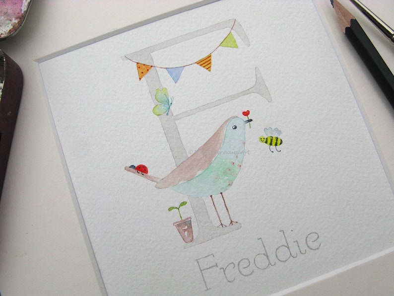 Pretty kids keepsake names hand painted in watercolour, Custom bird name art for nursery wall, Childrens bedroom decor, Baby Gift. image 8