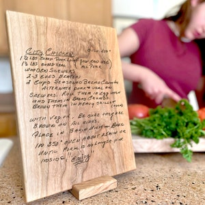 Personalized Cutting Board Recipe Engraved, Custom Cutting Board, Mom Gift, Housewarming Gift, Wedding Gift, Mothers Day, Handwritten Recipe 9 x 12 Cherry +Stand